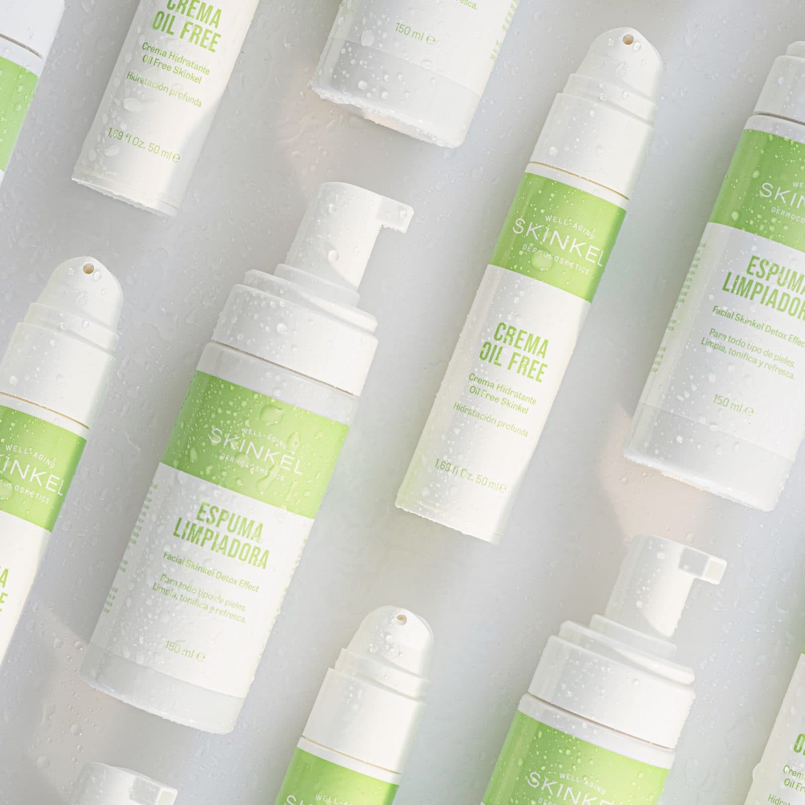 Espumas Limpiadoras y Cremas Oil-Free de Skinkel Fresh con gotas de agua